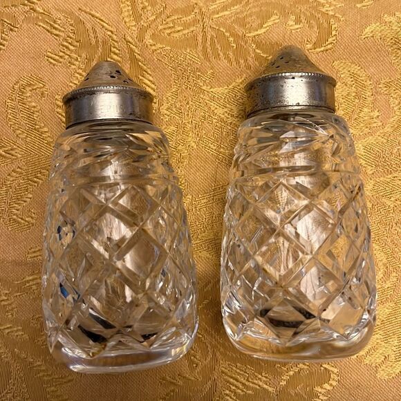 Crystal Salt & Pepper Shakers w/Silver Plated Metal Lids - Picture 1 of 7